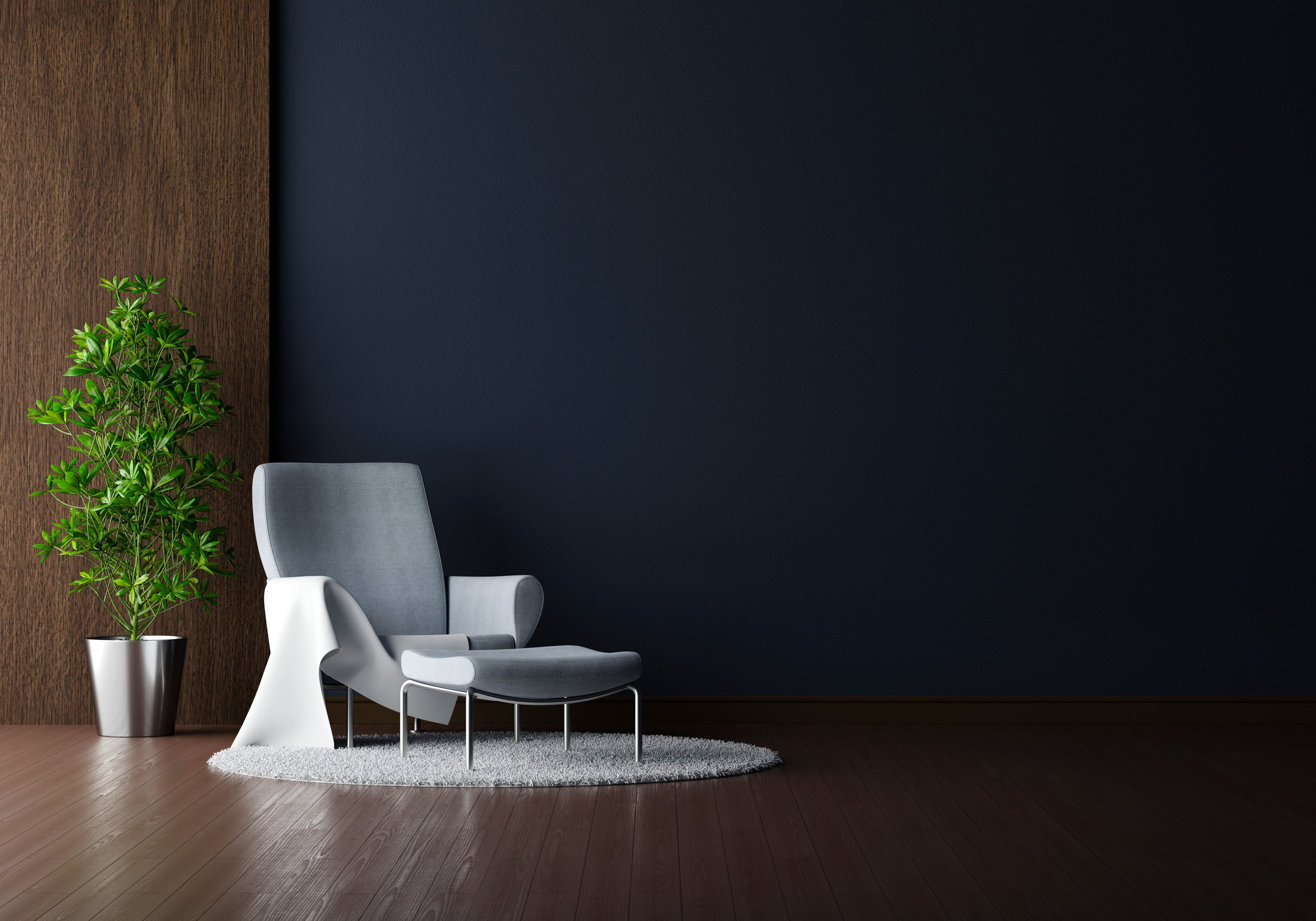 Gray Armchair in Black Living Room Interior 